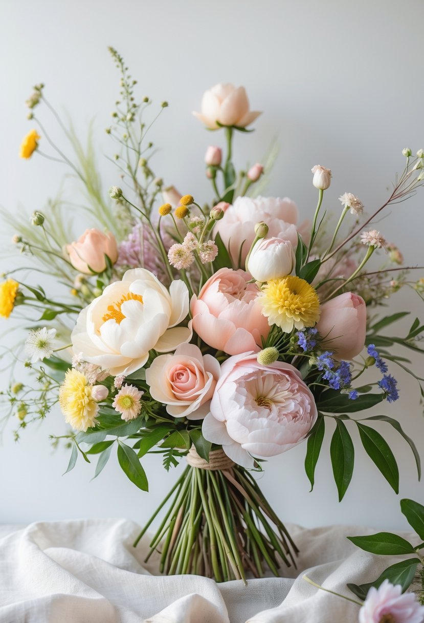 A bouquet of various flowers with delicate petals arranged together on a neutral background.
