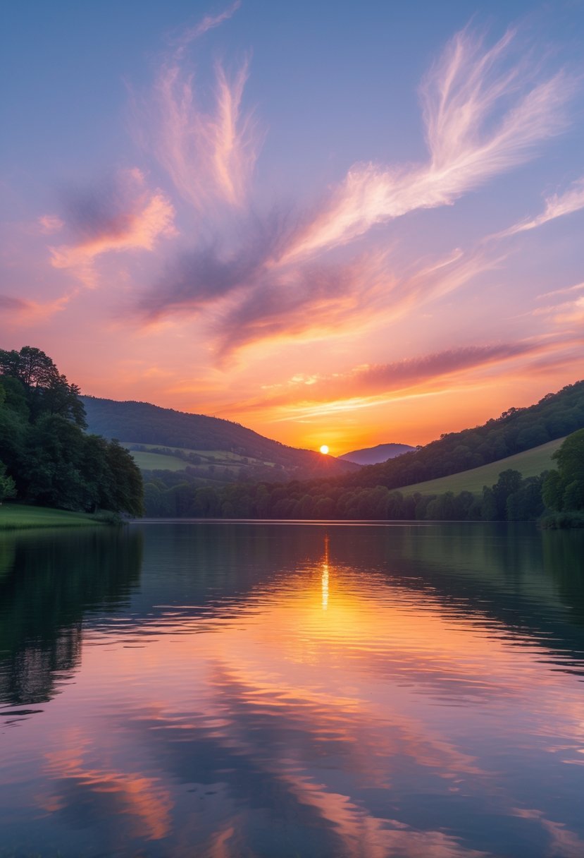 A peaceful lake at sunset with calm water reflecting colorful skies and surrounding trees.