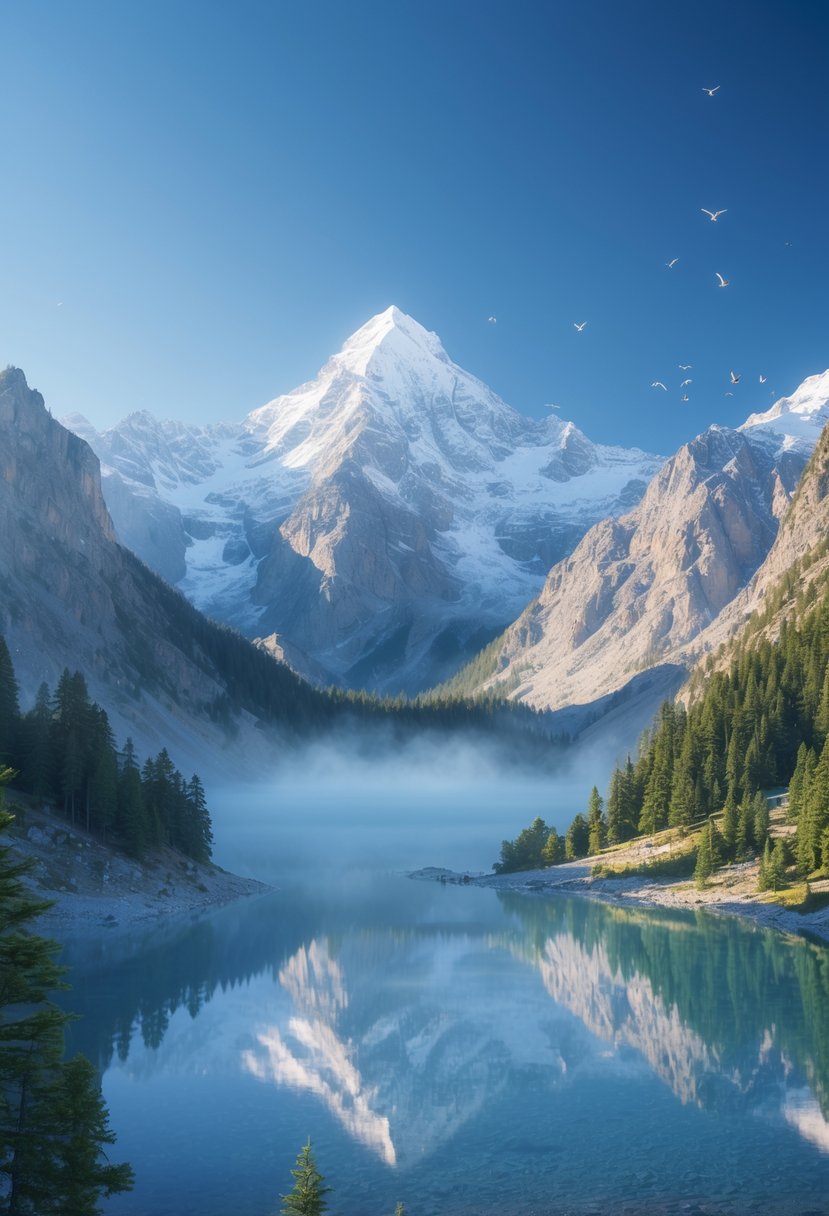 A majestic mountain landscape with snow-capped peaks, green pine forests, and a clear lake reflecting the mountains.
