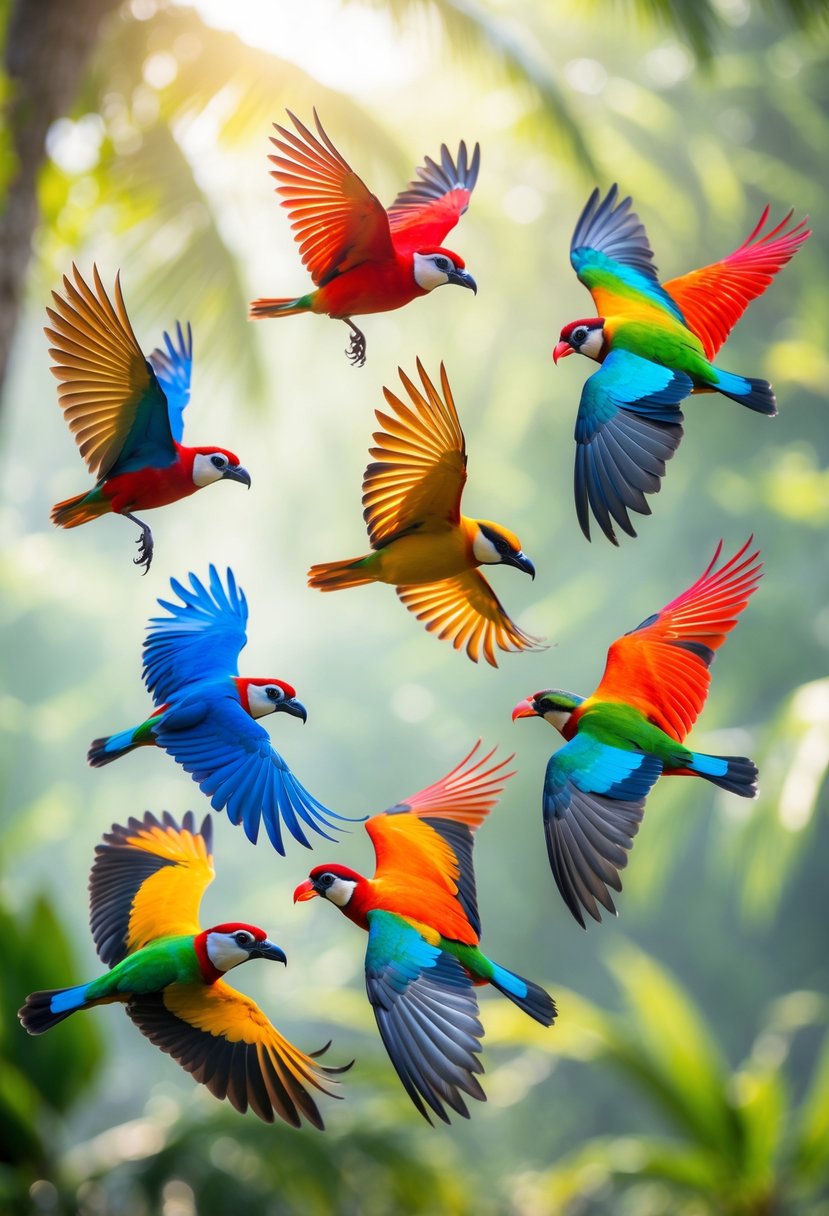 Eight colorful tropical birds flying over a lush green tropical background.