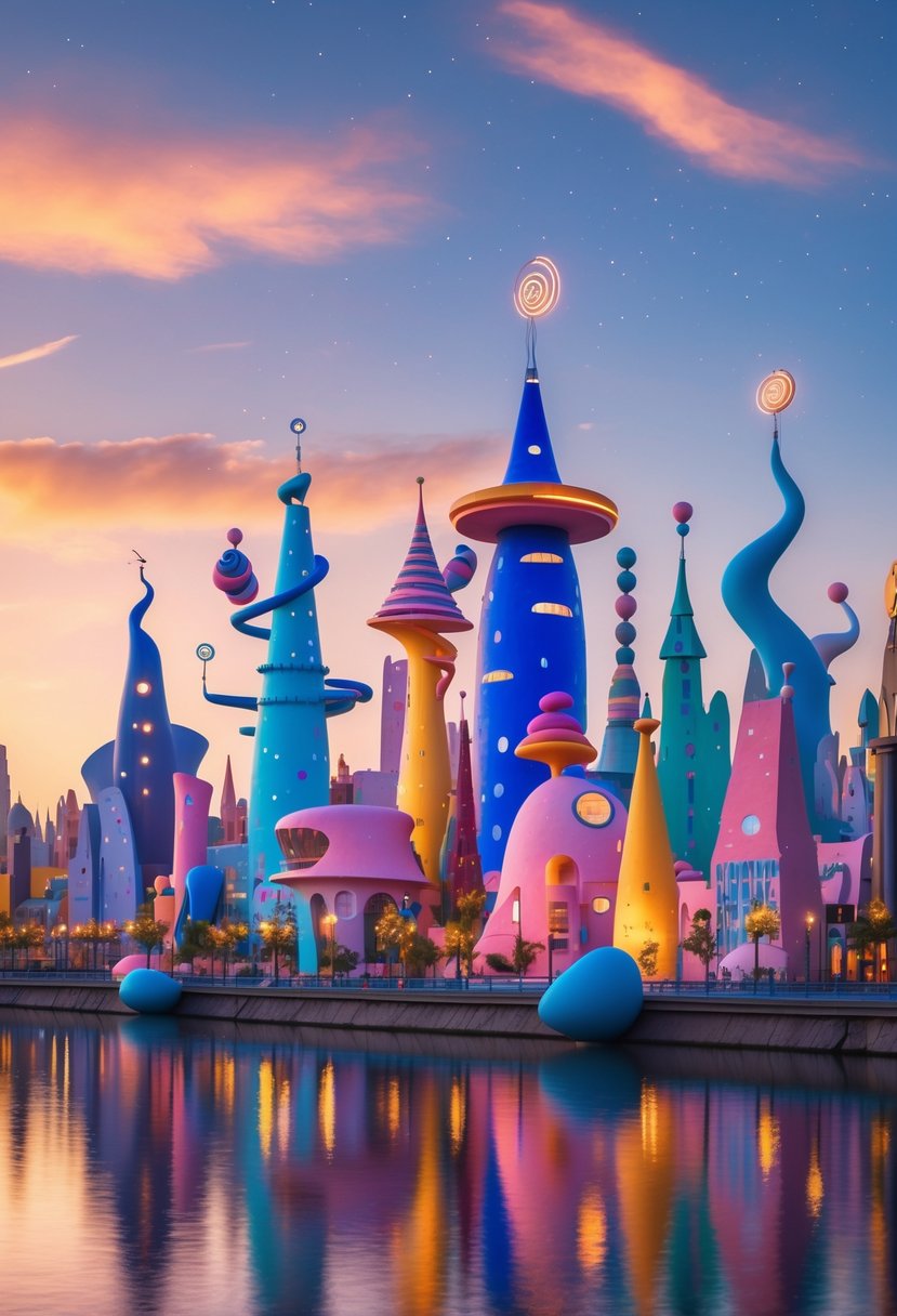A colorful city skyline at dusk with unique buildings and a calm river reflecting the sunset.