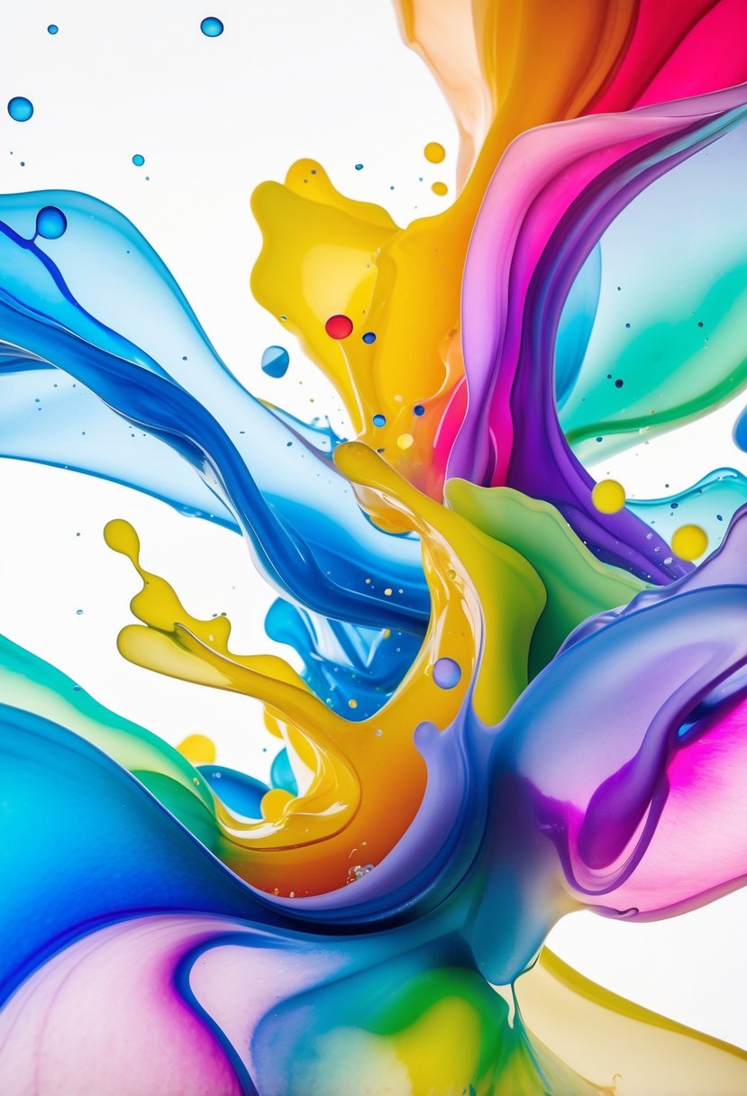An abstract colorful splash of paint with various vibrant colors blending together on a white background.