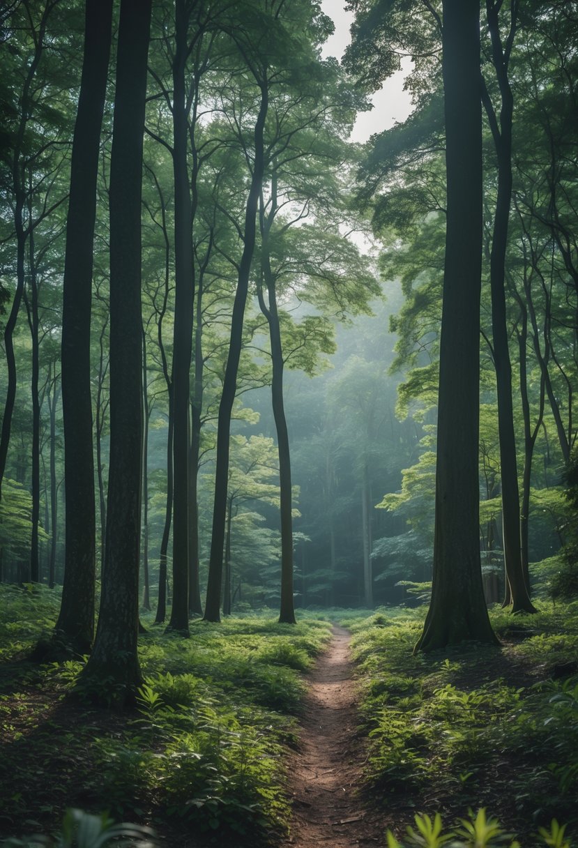 A peaceful forest with tall trees and sunlight filtering through the leaves.