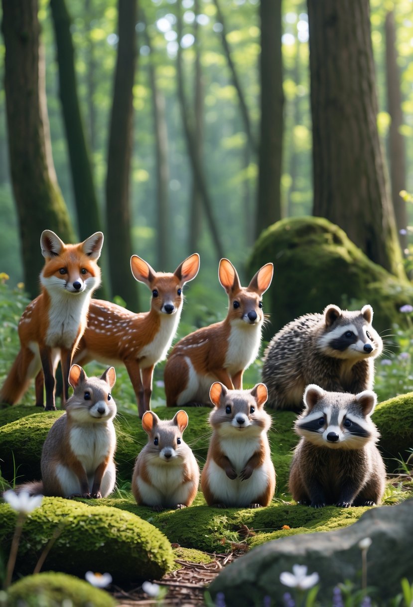 A group of eight woodland animals including a fox, deer, rabbit, squirrel, owl, hedgehog, raccoon, and badger gathered together in a forest with trees, rocks, and wildflowers.